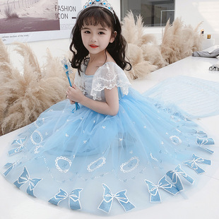 女童夏装艾莎公主裙新款洋气爱沙冰雪奇缘长款网纱蓬蓬裙子生日礼