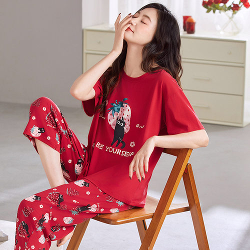 睡衣女士夏季纯棉短袖七分裤薄款夏天本命年红大码夏款套头家居服