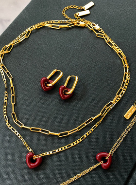 真金厚度车厘子红色珐琅爱心桃心项链女轻奢感港风毛衣颈链