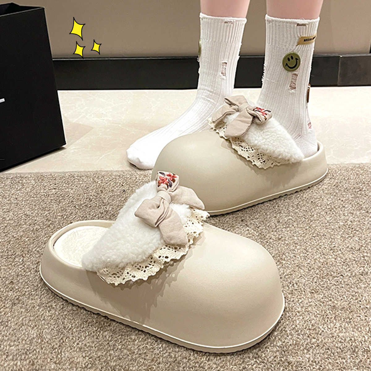 蝴蝶结毛绒棉拖鞋女秋冬季心踩屎感室内居家防滑保暖棉鞋女冬