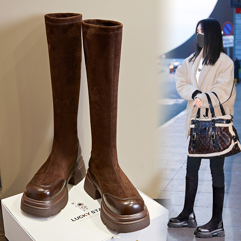 新款骑士靴女2025秋季女士弹力靴粗跟长筒靴休闲圆头百搭马丁靴女