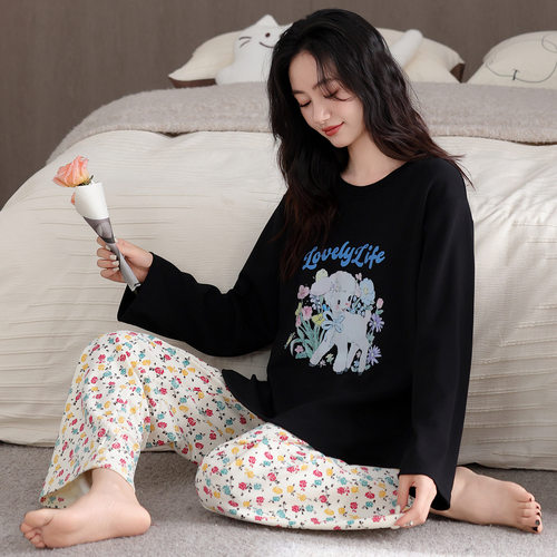 带胸垫睡衣女春秋款纯棉长袖女秋季全棉大码秋冬感家居服套装
