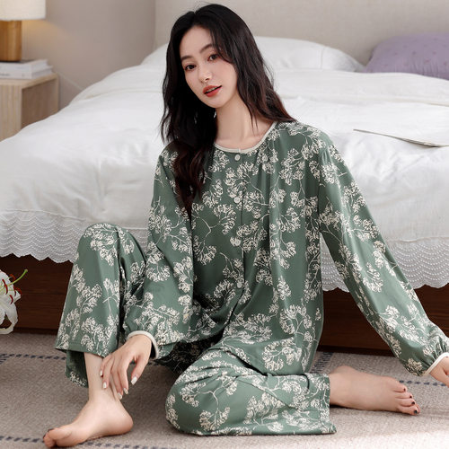 睡衣女士春秋款纯棉长袖带胸垫中年妈妈秋季2025新款防凸点家居服