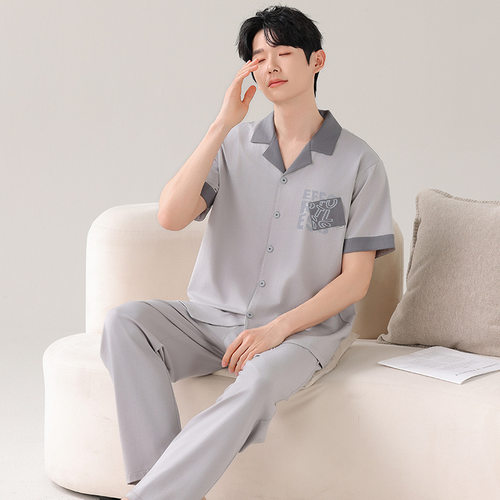 睡衣男士夏季纯棉短袖长裤薄款夏天可外穿家居服男款宽松大码套装