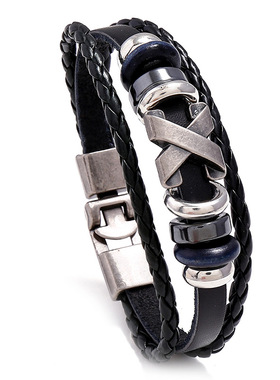 跨境饰品简约串珠牛皮手链个性百搭x钉男女手饰潮流皮革手环