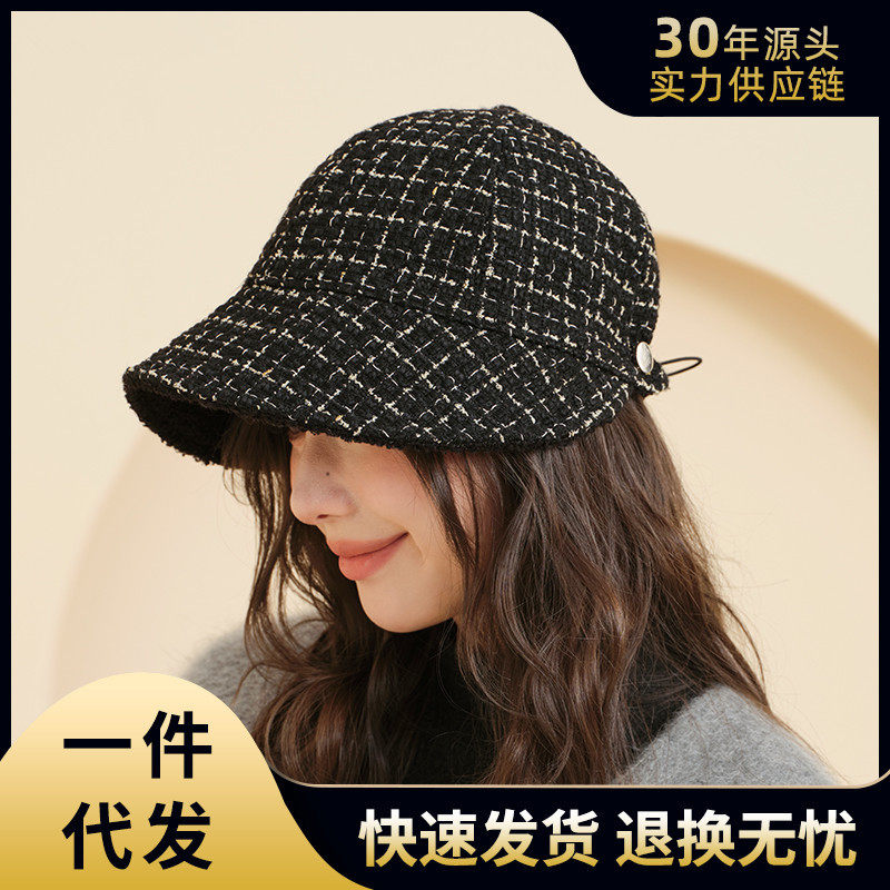 帽子女加绒冬季保暖可挂口罩盆帽小香风黑色鸭舌渔夫帽潮百搭遮脸