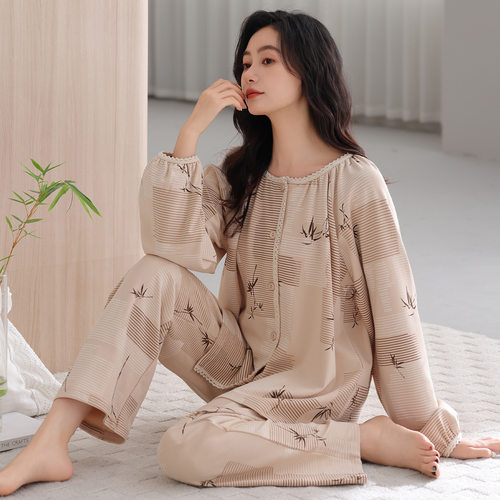 春秋新款睡衣女纯棉长袖长裤可外穿大码秋冬莱卡棉简约家居服套装
