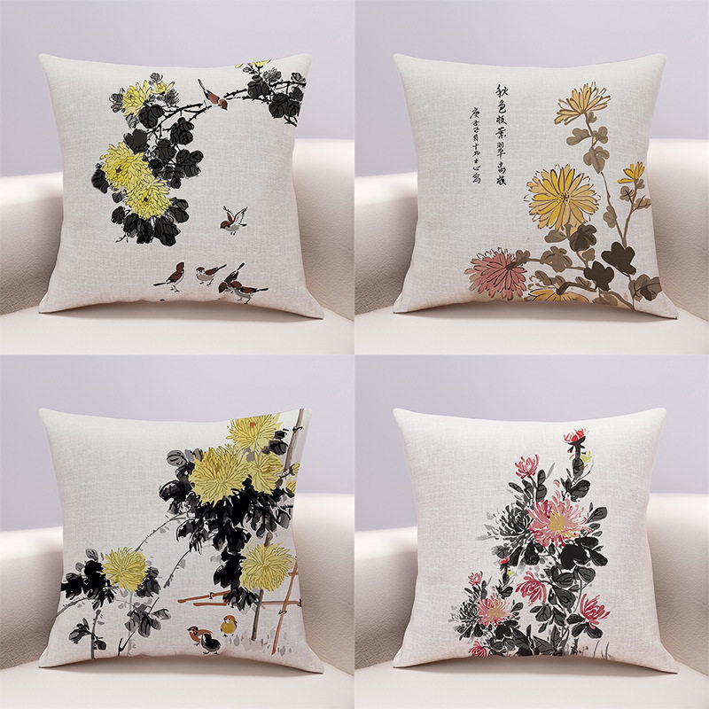 新中式中国风水墨画抱枕菊花复古红木家具客厅沙发靠垫棉麻大靠背,居家布艺,靠垫/抱枕,淘宝优惠券,粉丝福利购,淘宝优惠卷