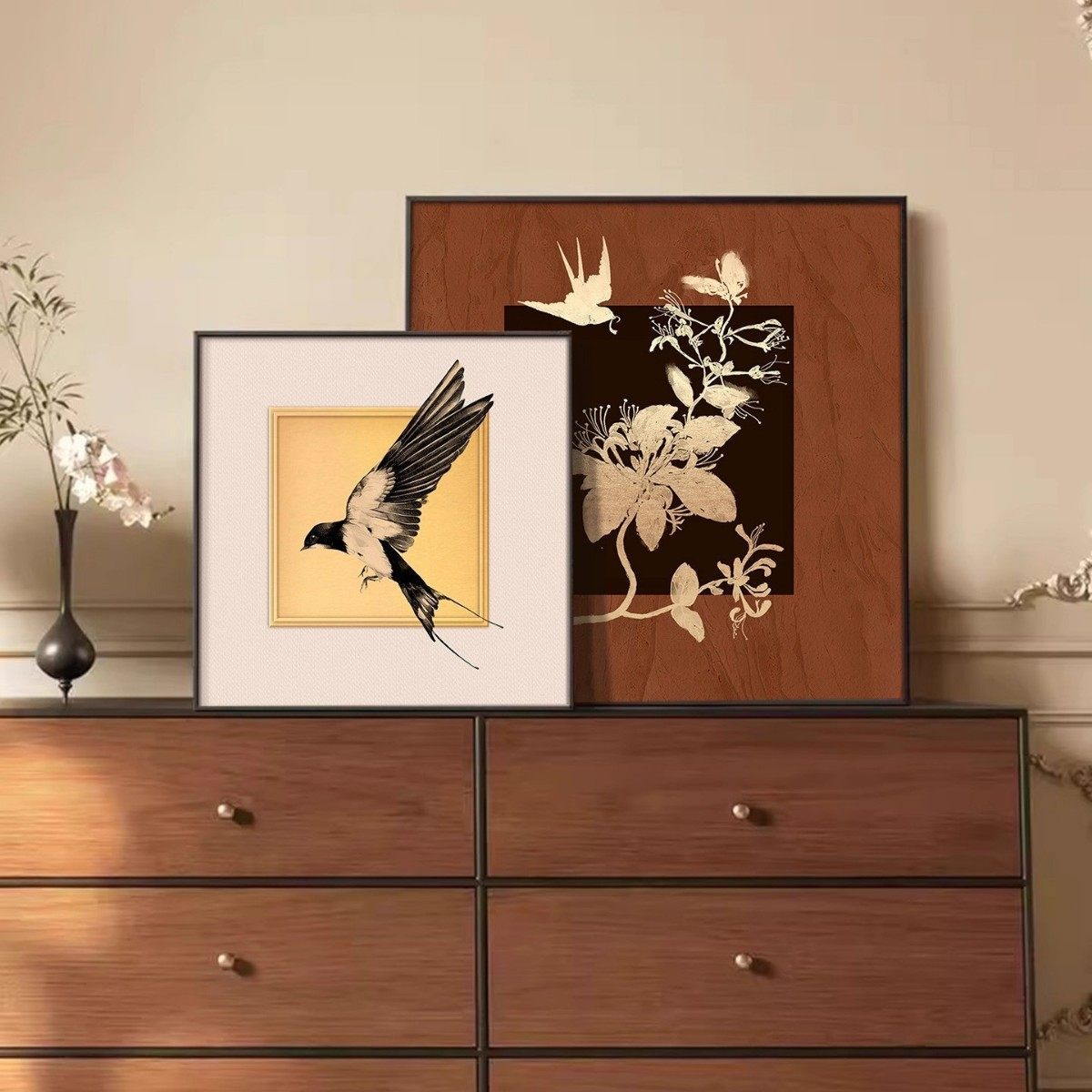 中古风客厅装饰画2025新款高级感复古斗柜桌面摆画创意花鸟挂画,家居饰品,桌面摆台画,淘宝优惠券,粉丝福利购,淘宝优惠卷