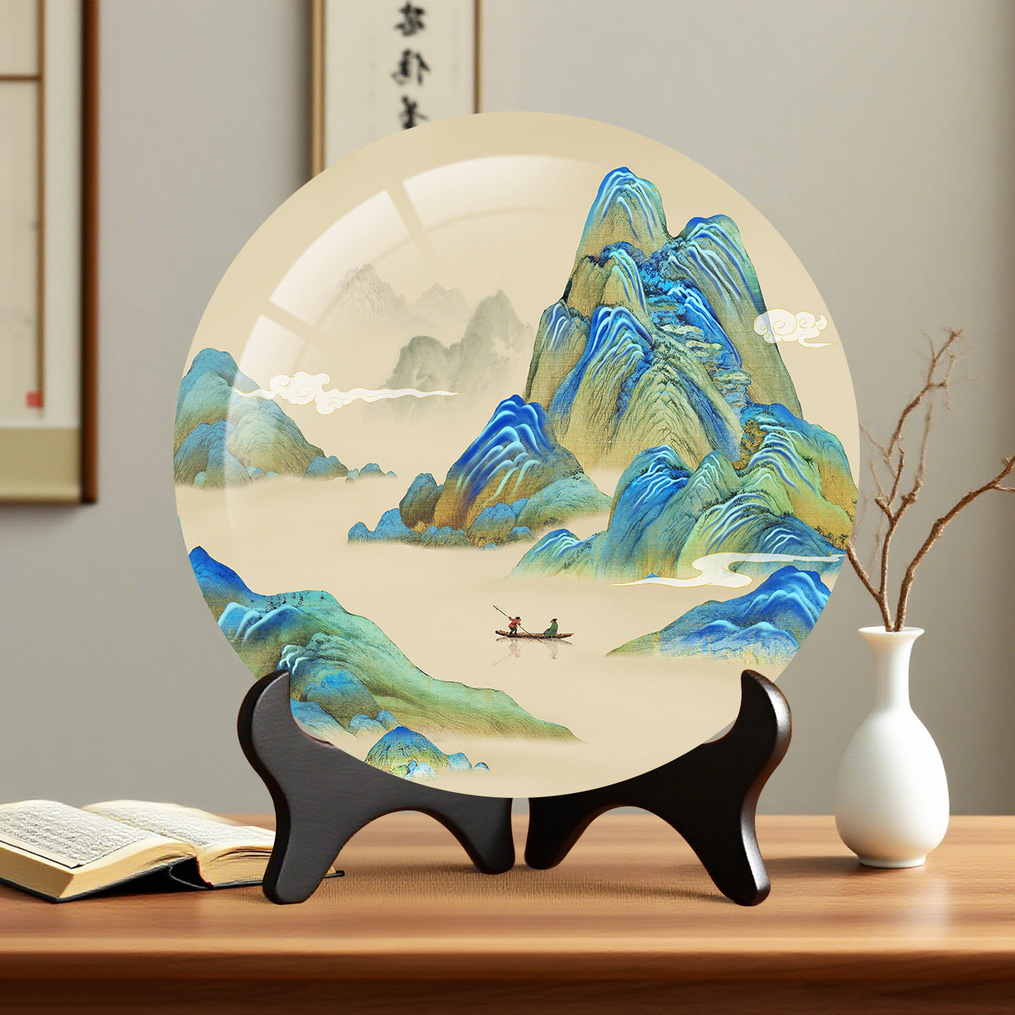 千里江山图装饰品办公室桌面书架摆件新中式工艺品山水画摆盘礼品,家居饰品,工艺画,淘宝优惠券,粉丝福利购,淘宝优惠卷