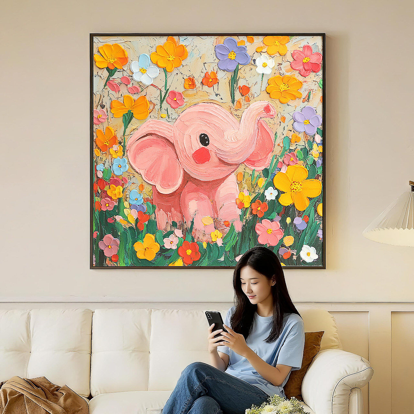 花卉小象客厅装饰画奶油风手绘油画肌理画沙发背景墙高档挂画,家居饰品,油画,淘宝优惠券,粉丝福利购,淘宝优惠卷