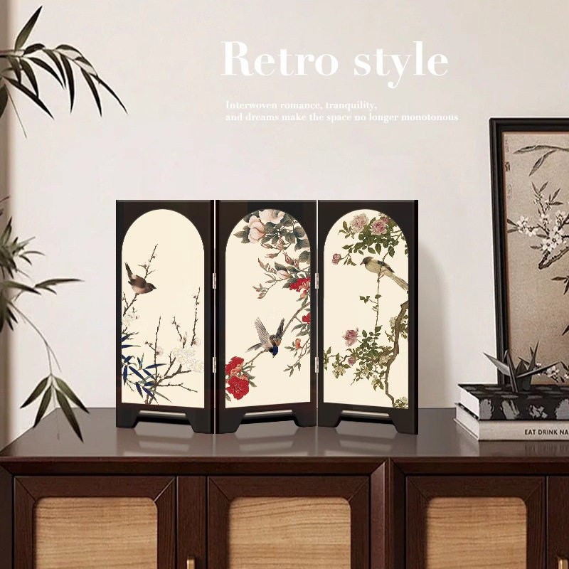 中古风花鸟墨竹折叠屏风桌面摆件新中式茶桌客厅餐边柜斗柜小摆画,住宅家具,折屏,淘宝优惠券,粉丝福利购,淘宝优惠卷