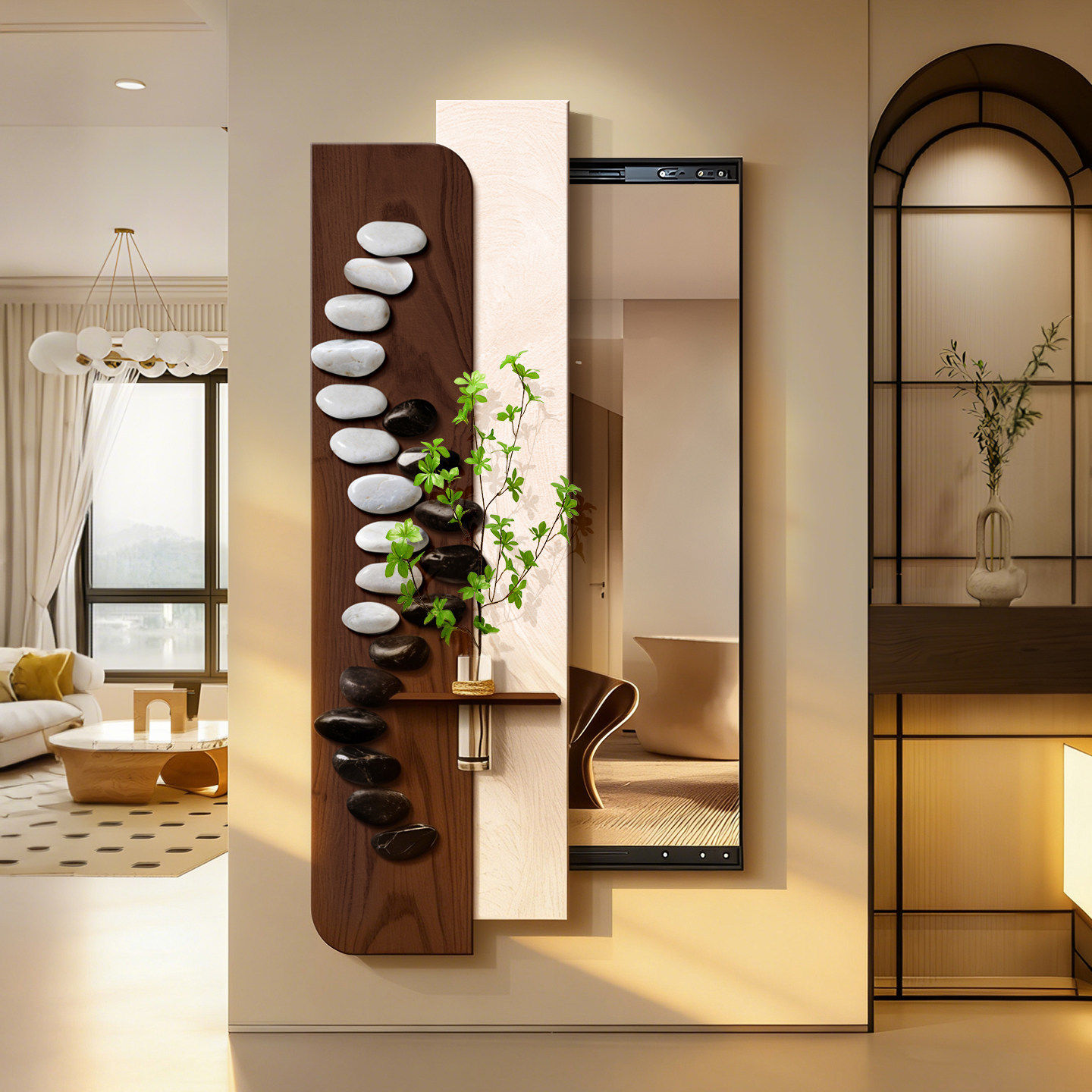 步步高升推拉全身镜中古风玄关装饰画隐形穿衣镜带水培花瓶挂画,住宅家具,壁画镜,淘宝优惠券,粉丝福利购,淘宝优惠卷