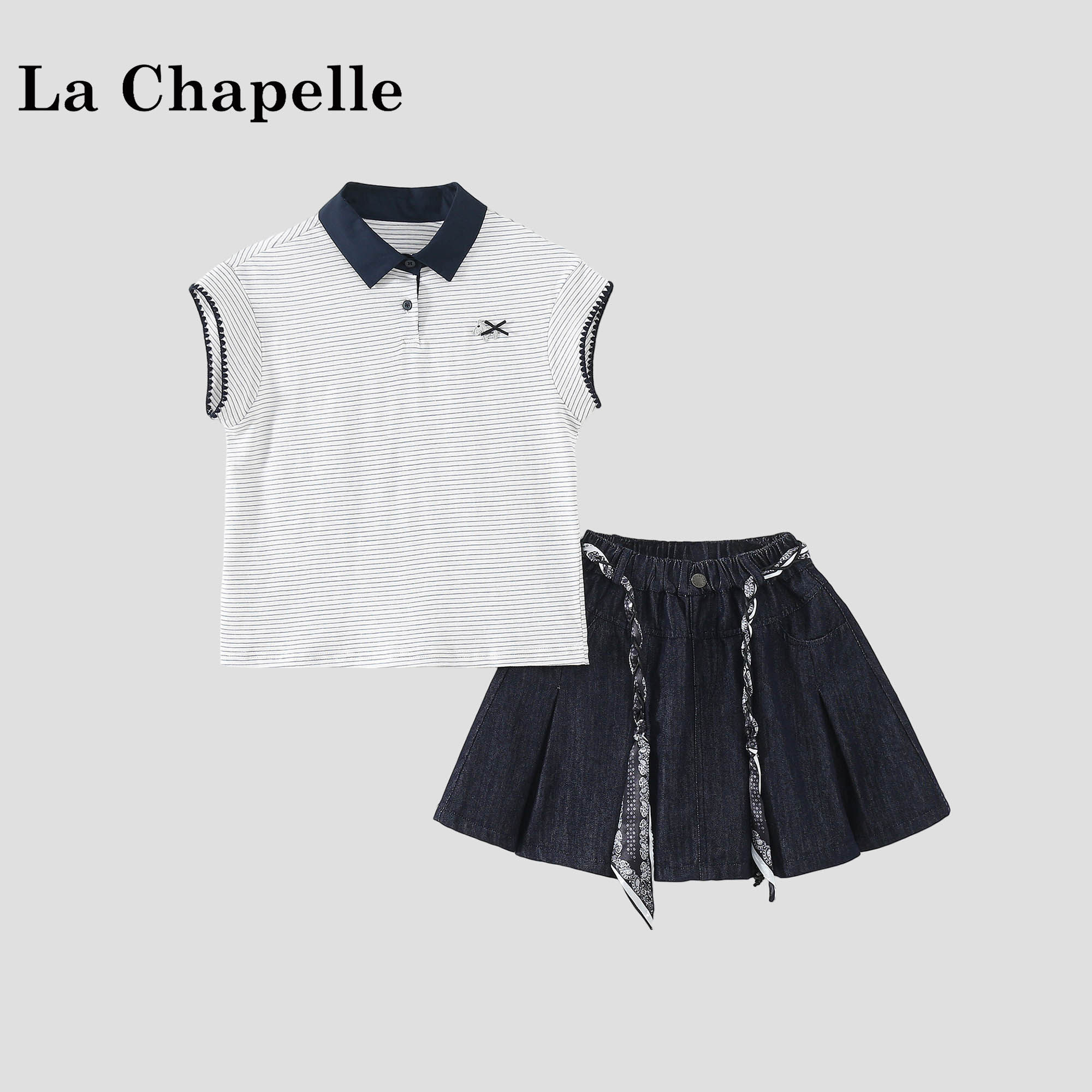 La Chapelle【拉夏贝尔】夏季女童韩版条纹POLOT恤衫两件套LD2335