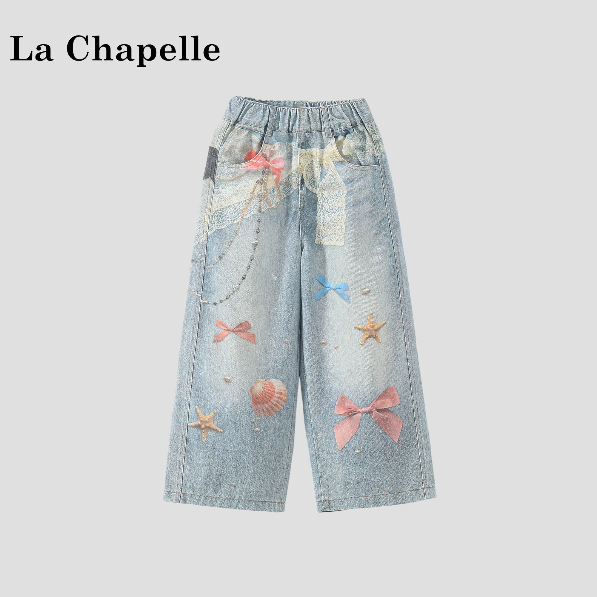 拉夏贝尔女童牛仔裤2026夏季新款洋气儿童薄款裤子女孩印花直筒裤