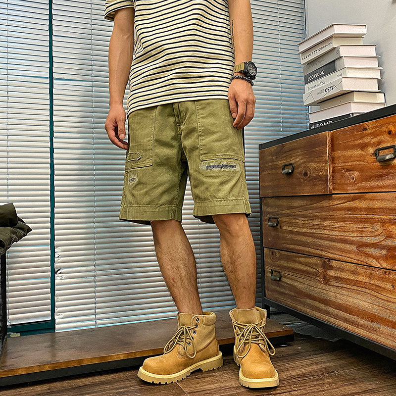 石头家 补丁工装短裤 贴布潮流男士 做旧帆布纯色五分裤 男士割裂
