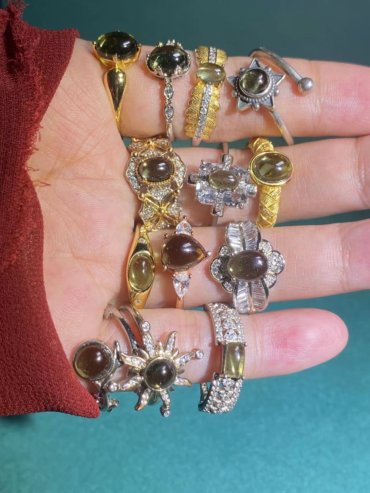 保真纯天然捷克陨石Moldavite 捷克玻璃纯银镶嵌绿陨石小戒指
