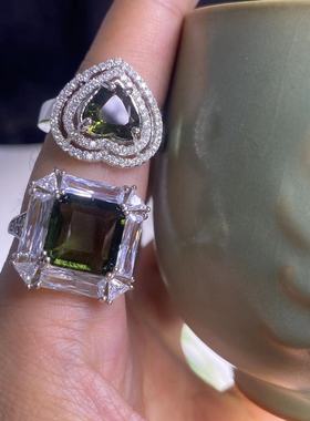 莫尔道玻陨石Moldavite Glass裸石刻面戒面捷克陨石爱心戒指定金