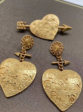 中古vintage轻奢西洋夸张爱心耳钉胸针 复古一箭穿心耳钉胸针