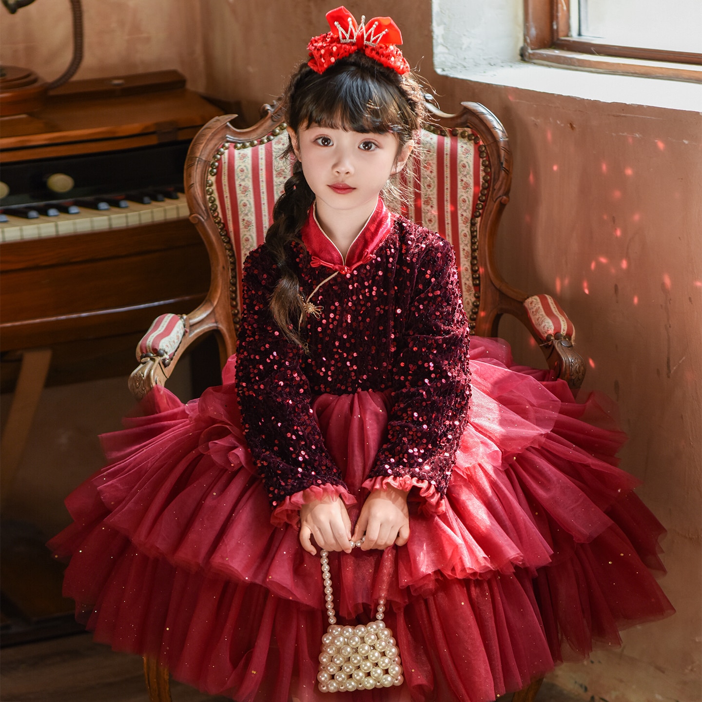 女童公主裙秋季2025新款儿童女孩红色连衣裙蓬蓬网纱礼服秋冬裙子