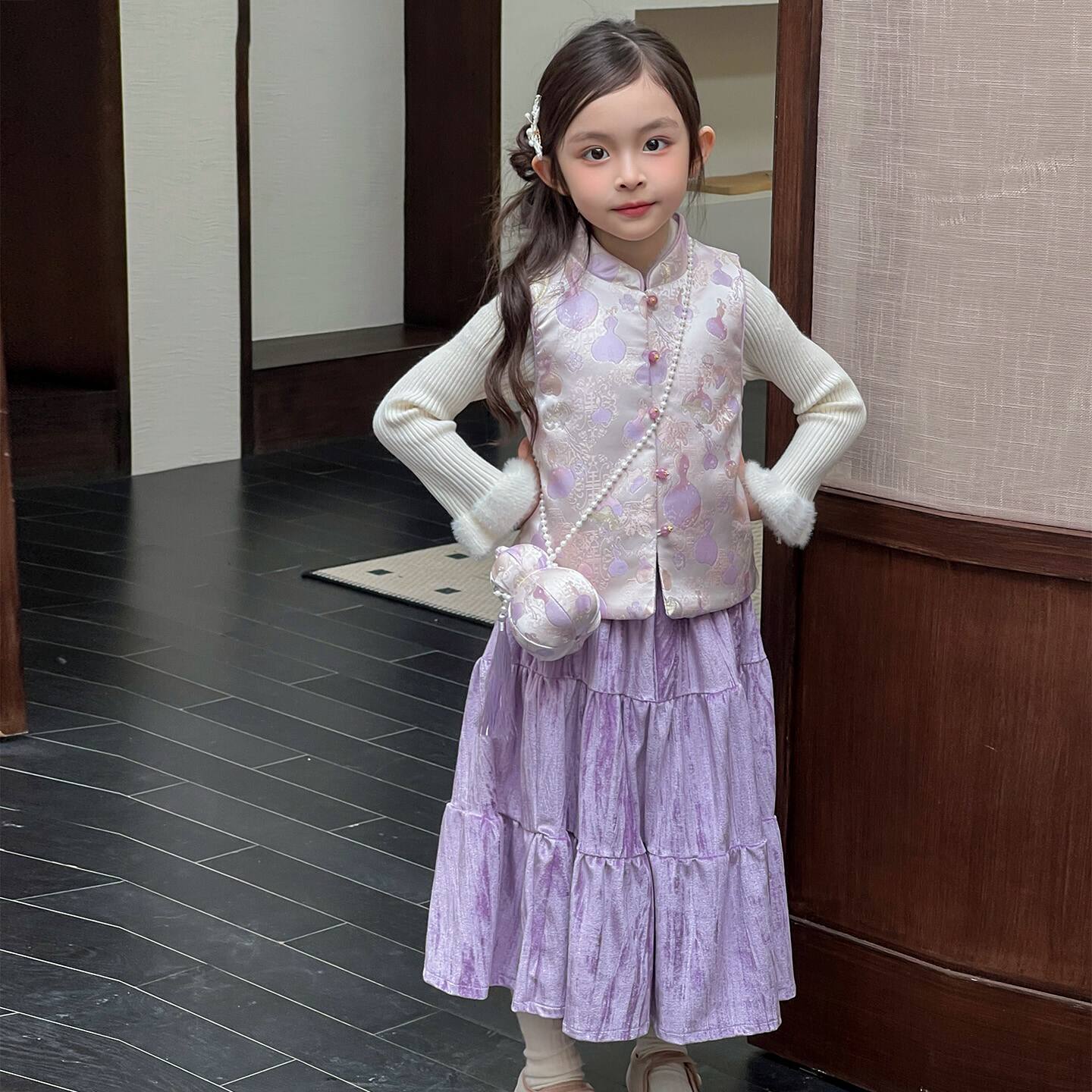 女童新中式国风套装秋冬紫色提花马甲丝绒半身裙小女孩汉服两件套