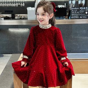 女童连衣裙秋冬2026新款洋气女孩公主裙儿童冬季红色丝绒长袖裙子
