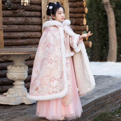 女童古装汉服披风斗篷秋冬装2025新款冬季加厚唐装儿童国风拜年服