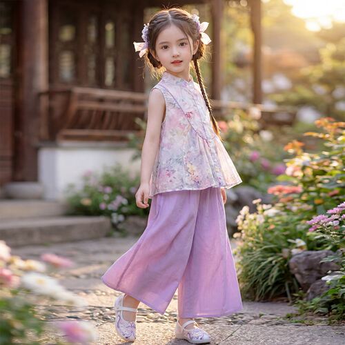女童国风套装夏季2026新款儿童汉服女孩新中式无袖上衣唐装两件套