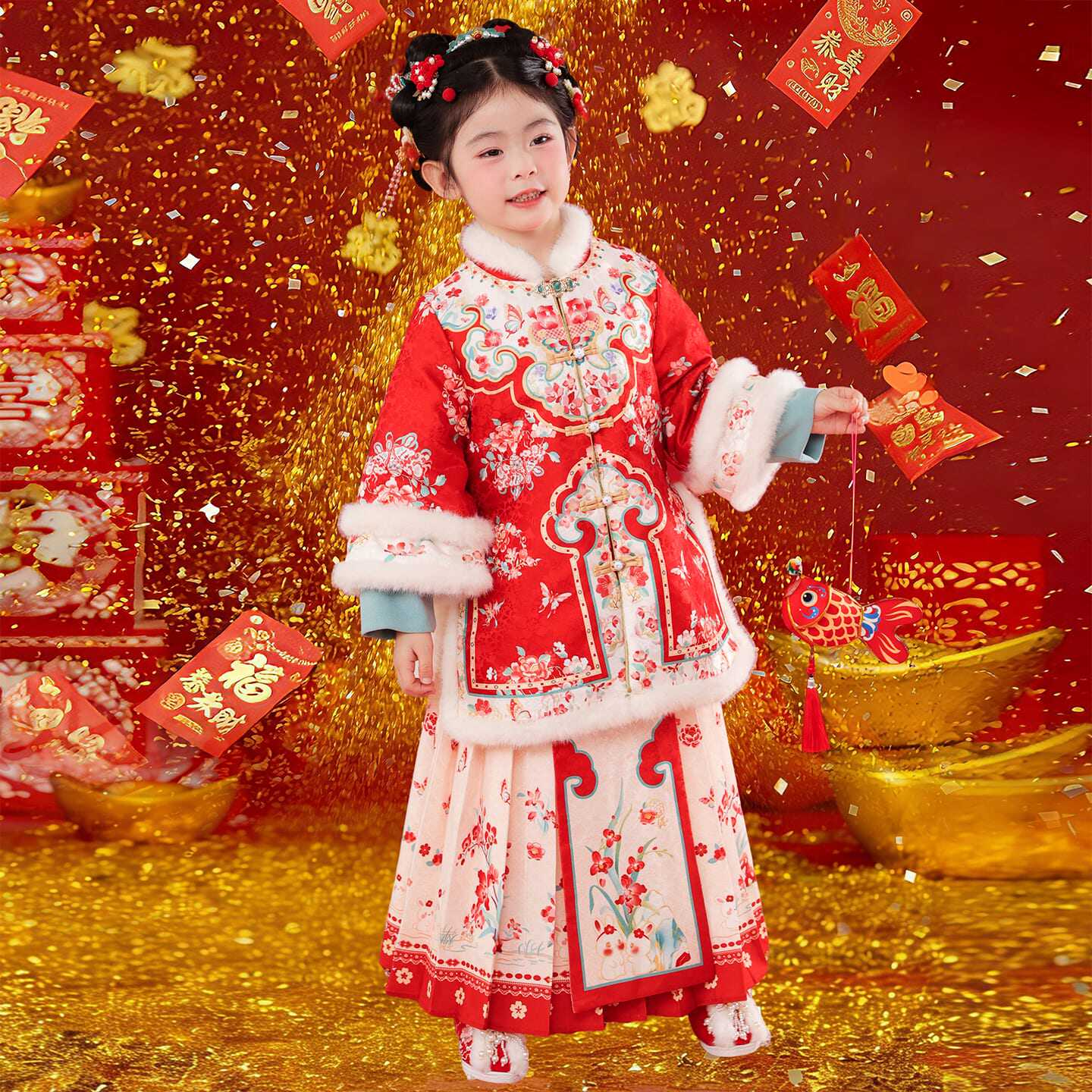 女童拜年服冬装2026新款儿童汉服国风唐装红色新年套装女孩过年服