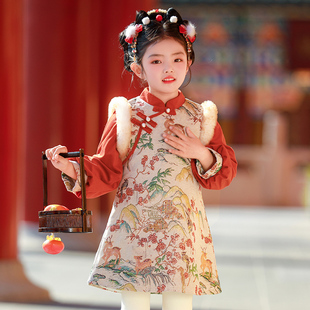 女童旗袍裙秋冬装宝宝中国风2025新款冬季加厚女孩汉服古装拜年服