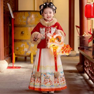 女童拜年服冬装女孩国风汉服明制套装2026新款儿童红色喜庆过年服