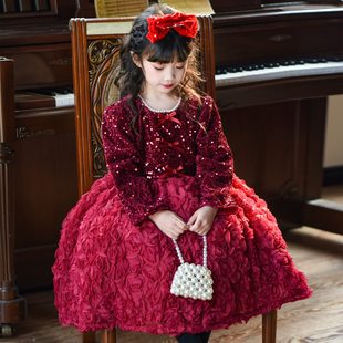 女童公主裙冬装加绒红色裙子2026新款女孩蓬蓬连衣裙亮片新年礼服