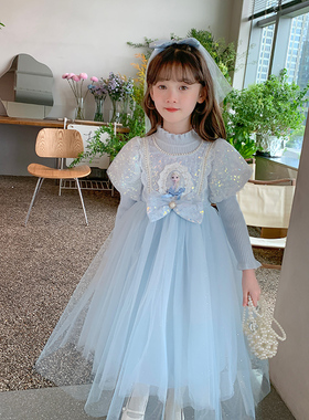 女童爱莎公主裙冬装毛衣裙子儿童礼服秋冬冰雪奇缘女孩艾莎连衣裙