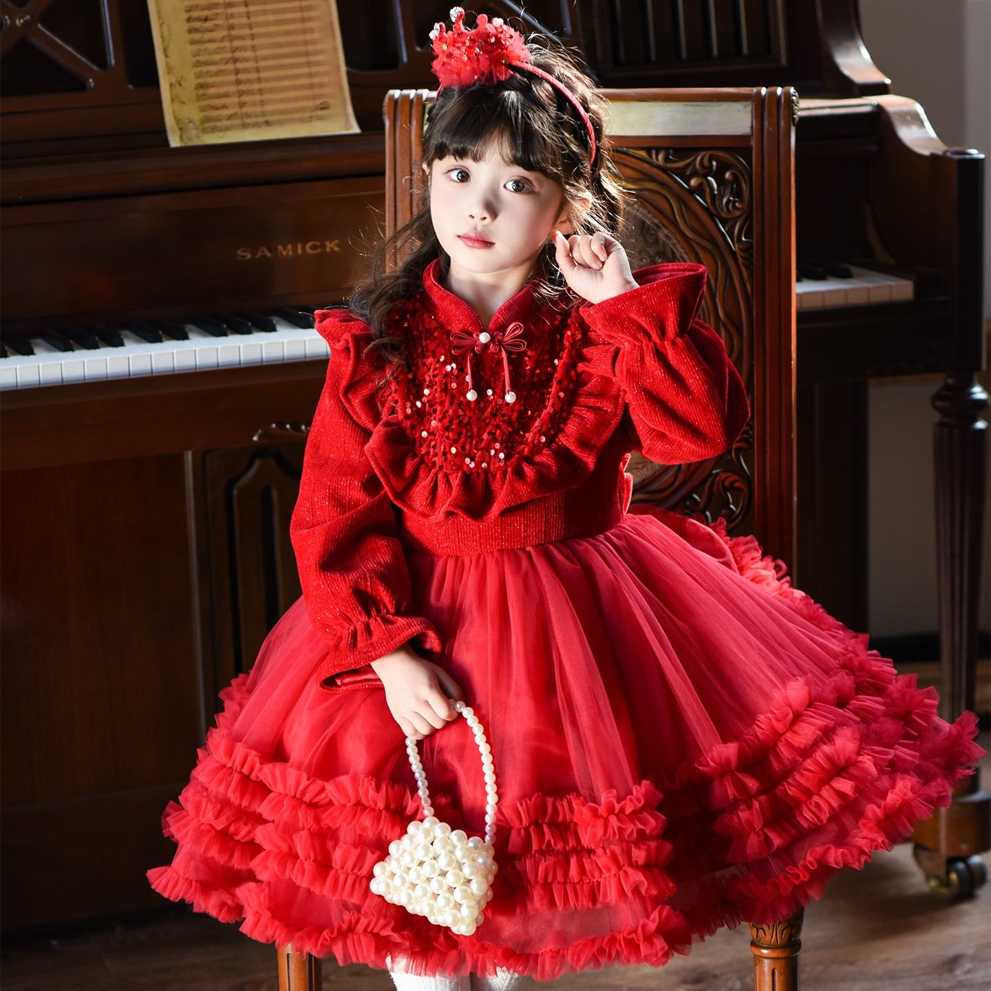 女童加绒公主裙冬装2025新款儿童红色新年连衣裙女孩网纱蓬蓬裙子