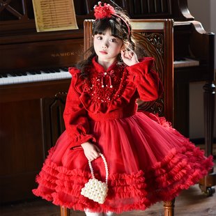 女童加绒公主裙冬装2026新款儿童红色新年连衣裙女孩网纱蓬蓬裙子