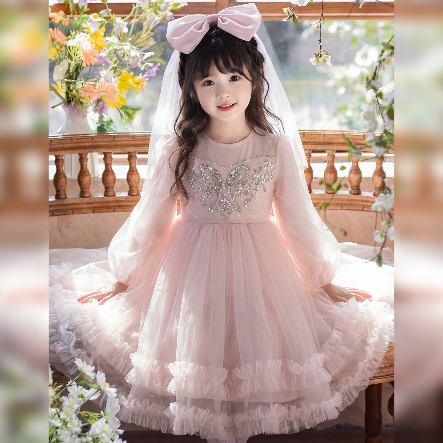 女童公主裙春装2026新款女孩生日蓬蓬网纱连衣裙儿童礼服花童裙子