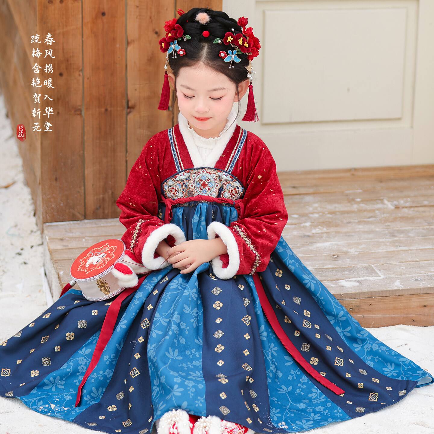 汉服女童冬季2026新款儿童国风仙气加绒公主裙女孩红色古装连衣裙