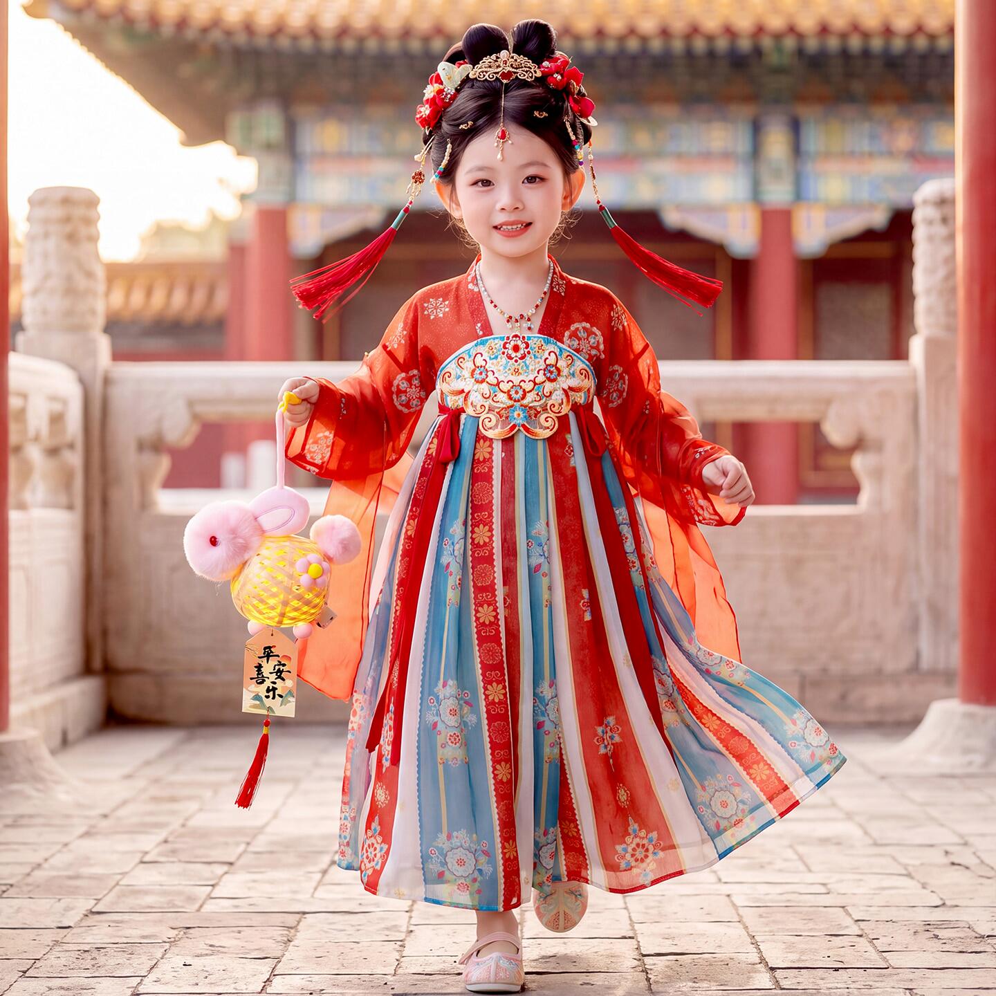 中秋汉服女童2026新款儿童高端仙气国风连衣裙女孩红色古装公主裙