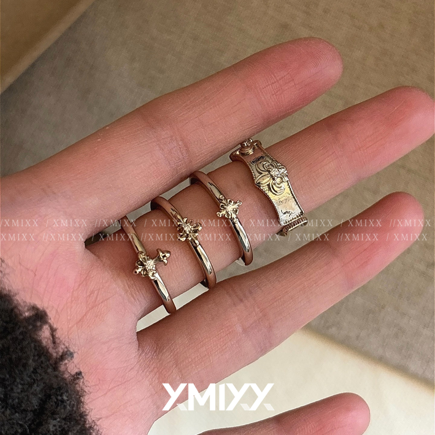 中古vintage咖啡金轻奢通勤小众简约鸢尾叠戴开口戒指女高级指环