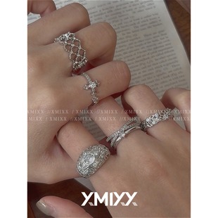 vintage复古镂空菱形蕾丝万花筒交叉戒指女叠戴轻奢小众高级新款