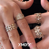 中古vintage咖啡金浮雕蕾丝花四叶草叠戴戒指女小众设计轻奢指环