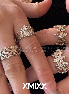 中古咖啡金浮雕蕾丝四叶草开口戒