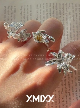 韩系山茶花银叶开口戒指女小众