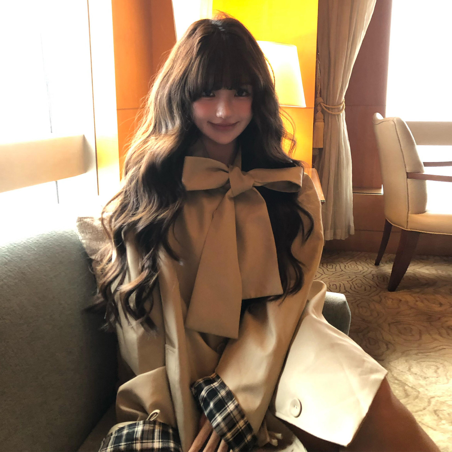 英伦风蝴蝶结格纹风衣外套女秋冬季2025新款小个子宽松中长款大衣