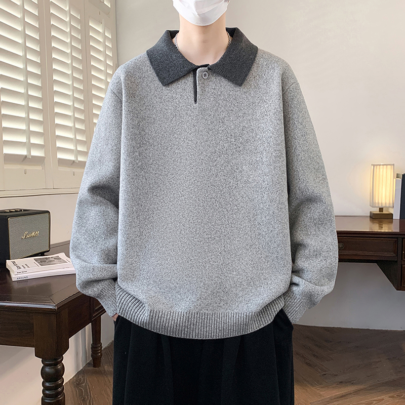 休闲翻领毛衣男秋冬季高级感痞帅潮流针织衫帅气青少年男装毛线衣