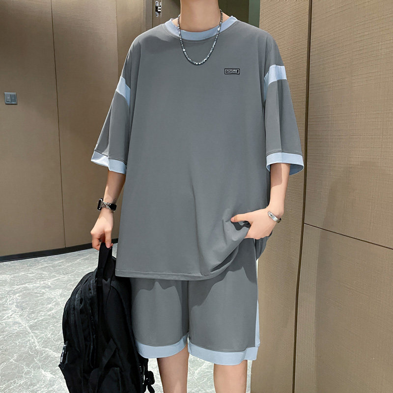 速干冰丝短袖套装男夏季青少年宽松运动服初高中学生一整套蓝球服