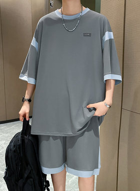 速干冰丝短袖套装男夏季青少年宽松运动服初高中学生一整套蓝球服