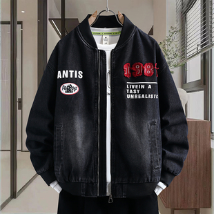 美式潮牌休闲夹克男青少年大童春季水洗牛仔外套初高中学生棒球服