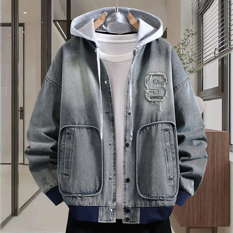 复古做旧牛仔衣服男外套春秋季初高中学生夹克男孩青少年潮牌上衣