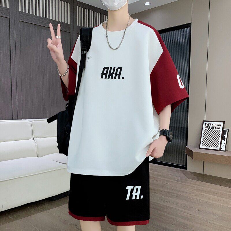 夏季短袖t恤男孩初高中学生宽松五分短裤青少年大童休闲运动套装